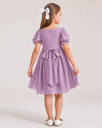 Dideyttawl Sage Green Chiffon Puff Sleeve Knee Length Flower Girl Dress Bow Back Junior Bridesmaid Dress