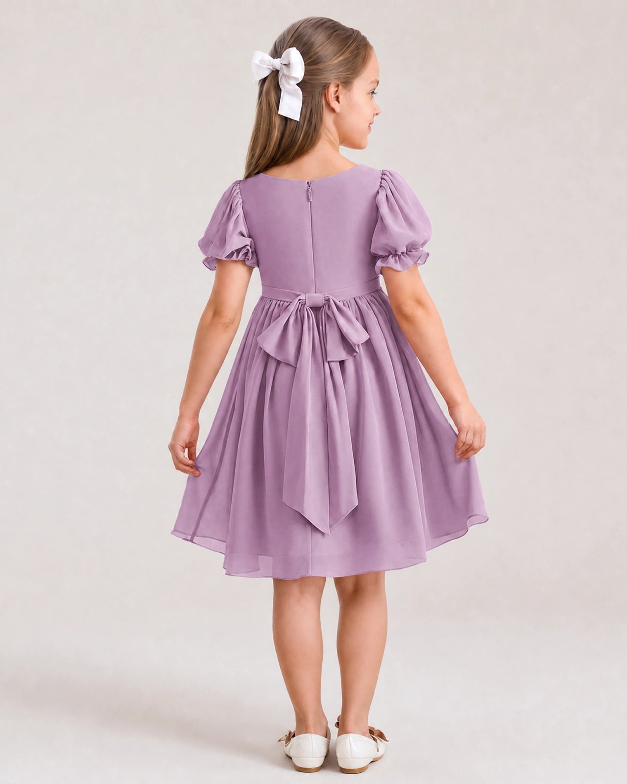 Dideyttawl Sage Green Chiffon Puff Sleeve Knee Length Flower Girl Dress Bow Back Junior Bridesmaid Dress