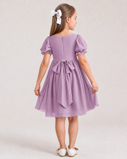 Dideyttawl Sage Green Chiffon Puff Sleeve Knee Length Flower Girl Dress Bow Back Junior Bridesmaid Dress