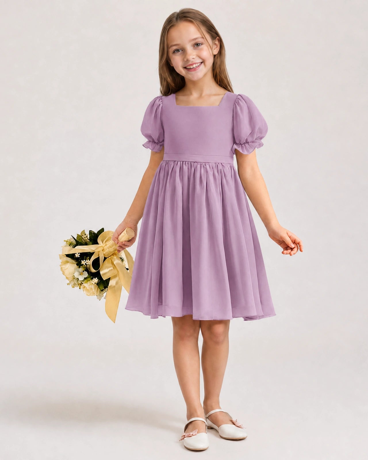 Dideyttawl Sage Green Chiffon Puff Sleeve Knee Length Flower Girl Dress Bow Back Junior Bridesmaid Dress
