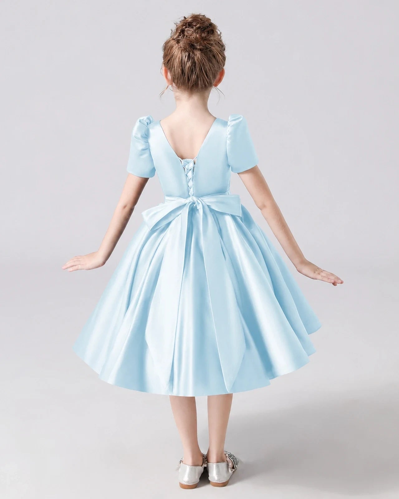 Dideyttawl Satin Flower Girl Dress with Short Puff Sleeves and Bow Secondary image
