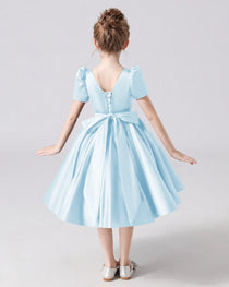 Dideyttawl Satin Flower Girl Dress with Short Puff Sleeves and Bow