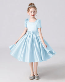 Dideyttawl Satin Flower Girl Dress with Short Puff Sleeves and Bow