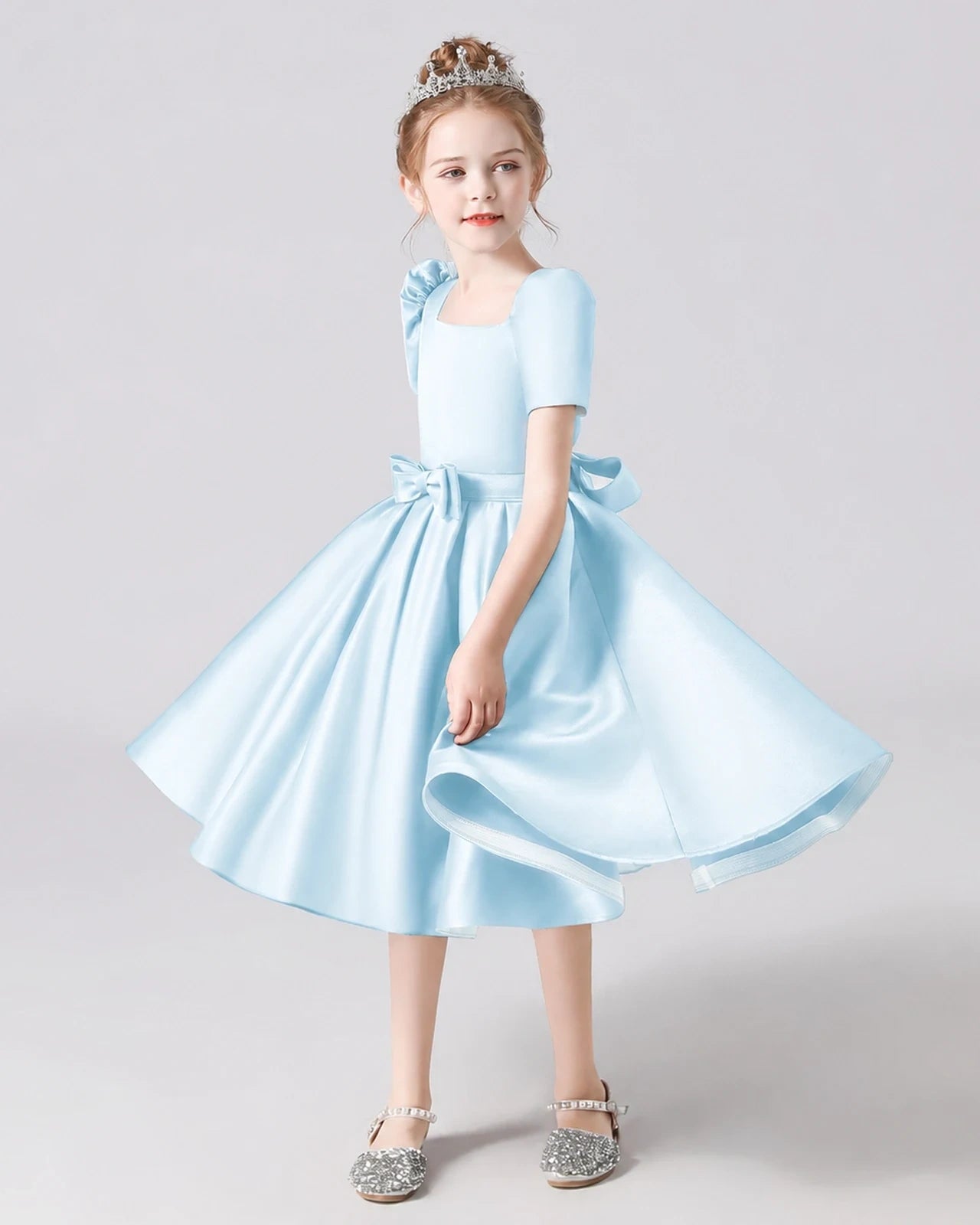 Dideyttawl Satin Flower Girl Dress with Short Puff Sleeves and Bow
