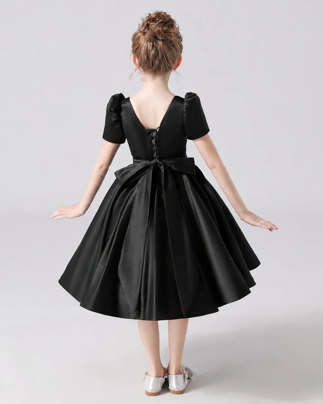 Black Satin A-line Flower Girl Dress Back View