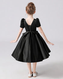 Dideyttawl Satin Flower Girl Dress with Short Puff Sleeves and Bow