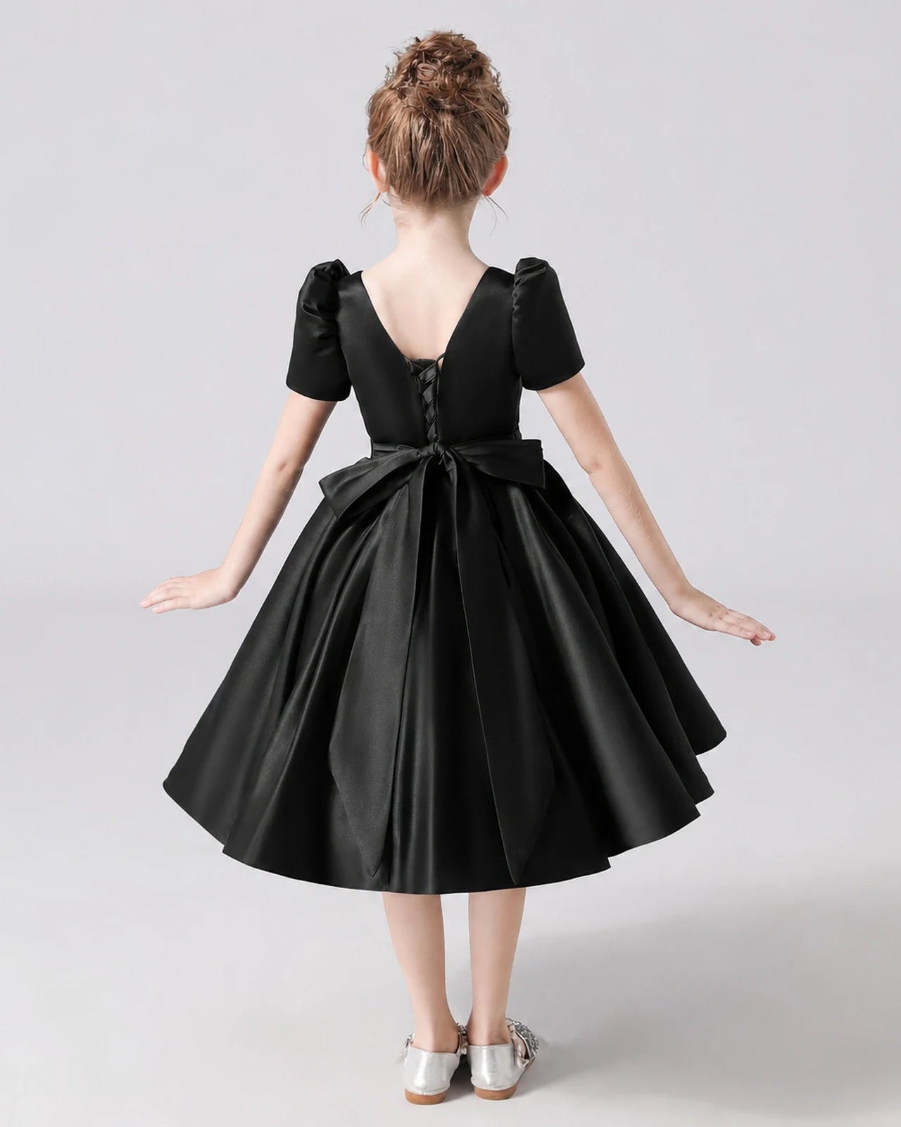 Dideyttawl Satin Flower Girl Dress with Short Puff Sleeves and Bow