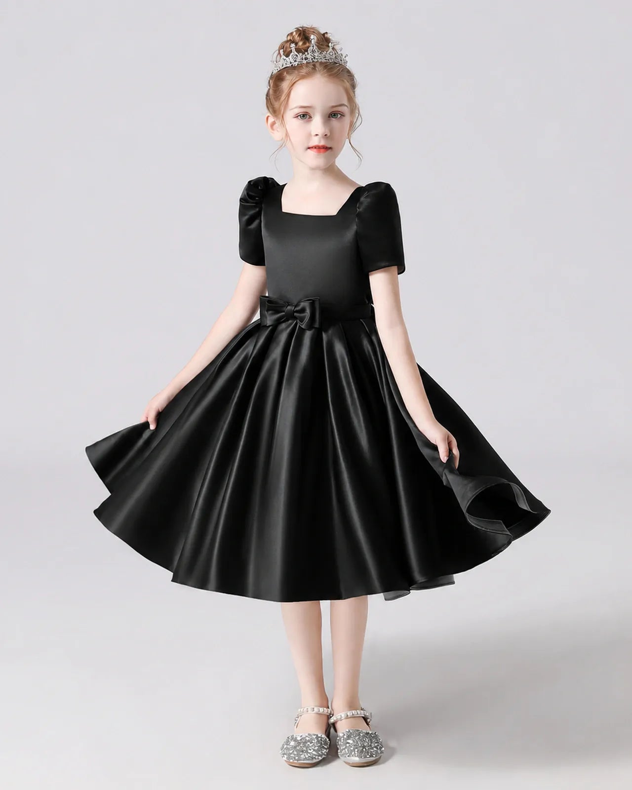 Black Satin A-line Flower Girl Dress Front View