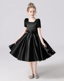 Dideyttawl Satin Flower Girl Dress with Short Puff Sleeves and Bow