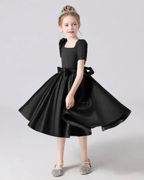 Dideyttawl Satin Flower Girl Dress with Short Puff Sleeves and Bow