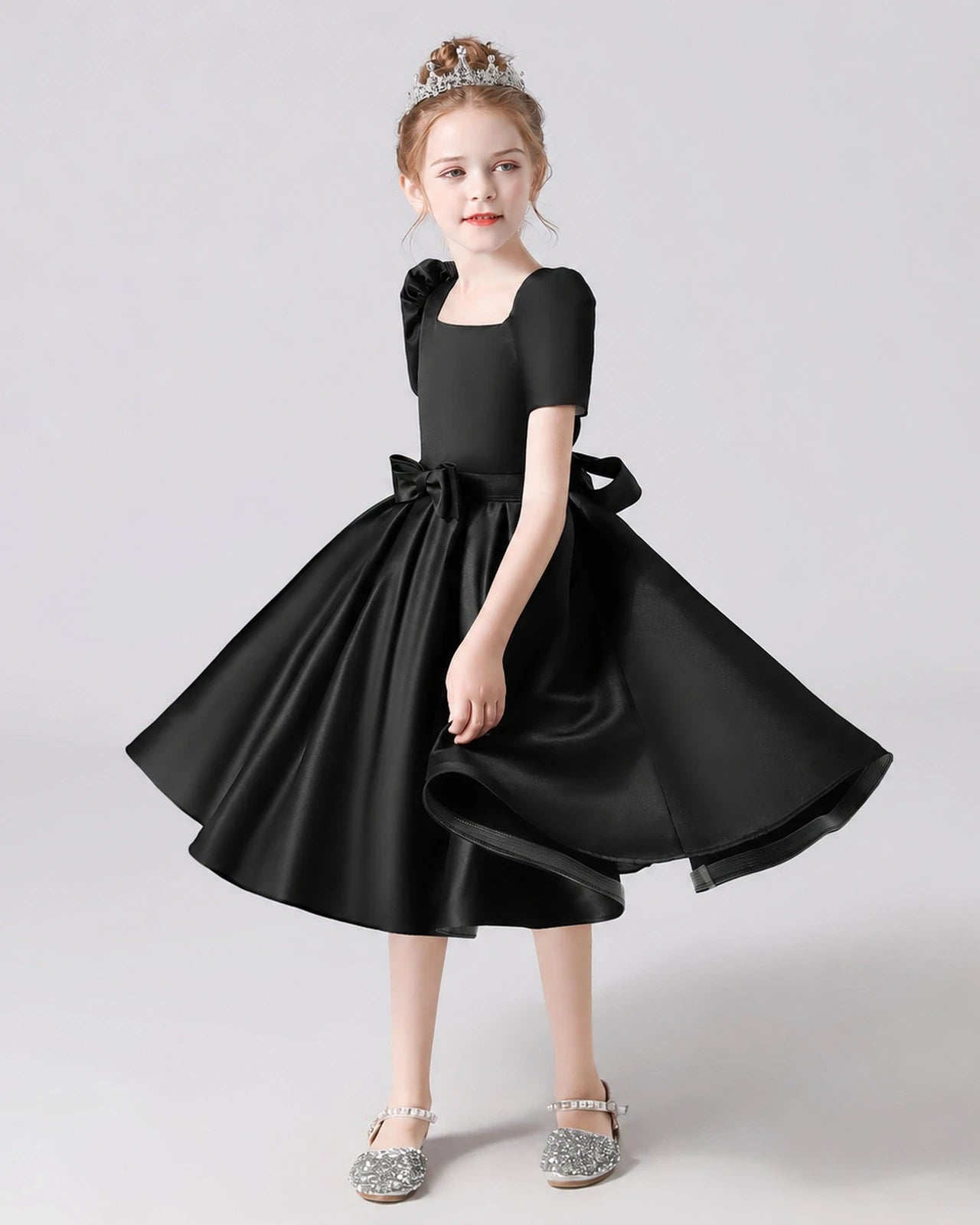Dideyttawl Satin Flower Girl Dress with Short Puff Sleeves and Bow