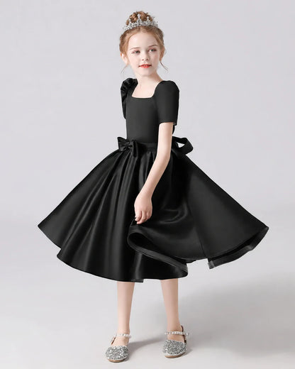 Black Satin A-line Flower Girl Dress Front View