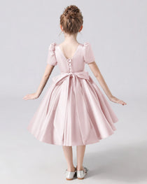 Dideyttawl Satin Flower Girl Dress with Short Puff Sleeves and Bow