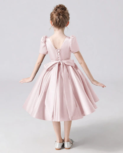 Blush Pink Satin A-line Flower Girl Dress Back View