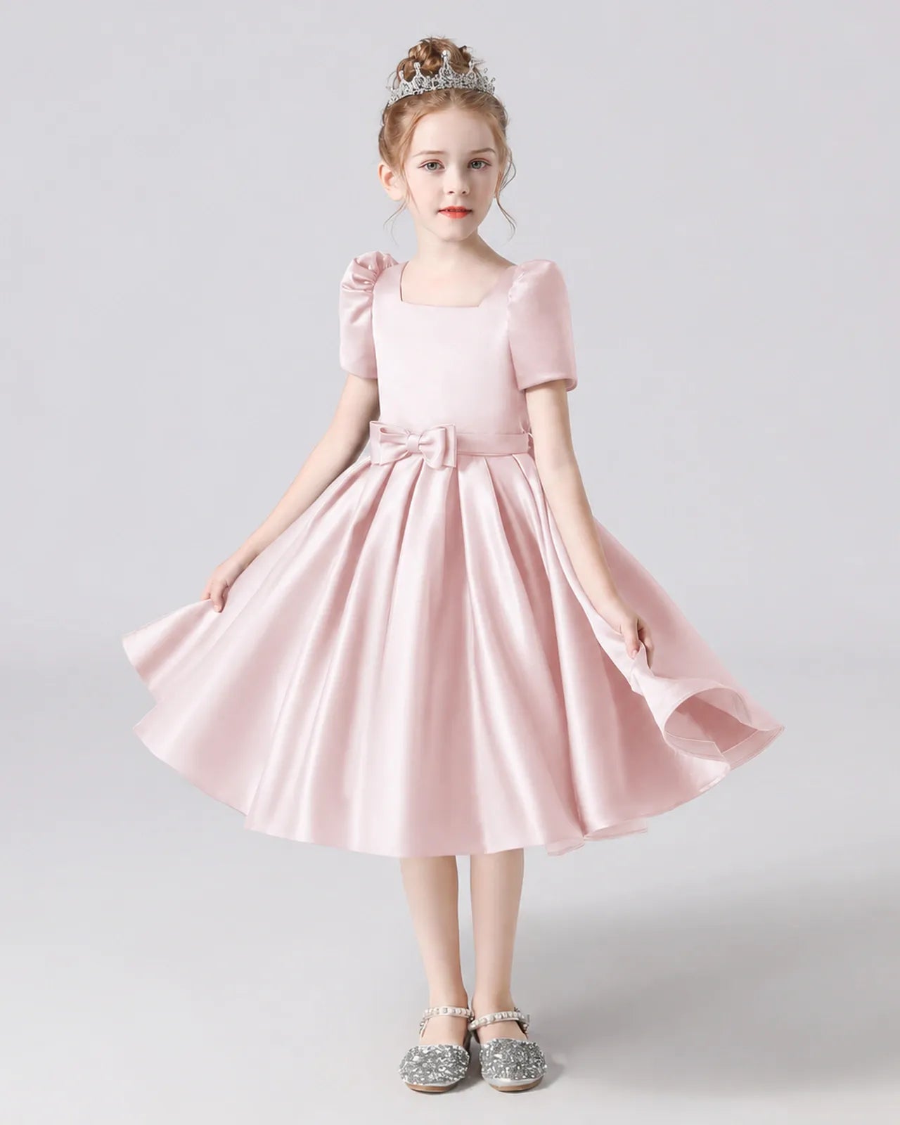 Blush Pink Satin A-line Flower Girl Dress Front View