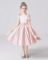 Blush Pink Satin A-line Flower Girl Dress Front View