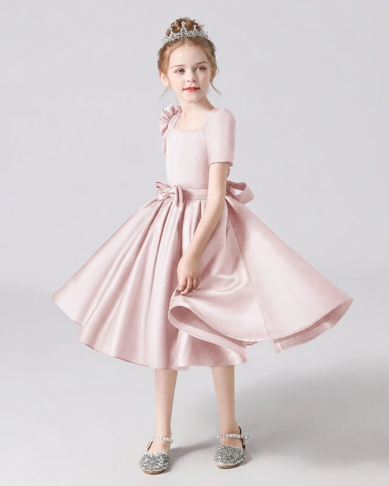 Blush Pink Satin A-line Flower Girl Dress Front View