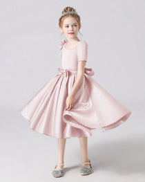 Dideyttawl Satin Flower Girl Dress with Short Puff Sleeves and Bow