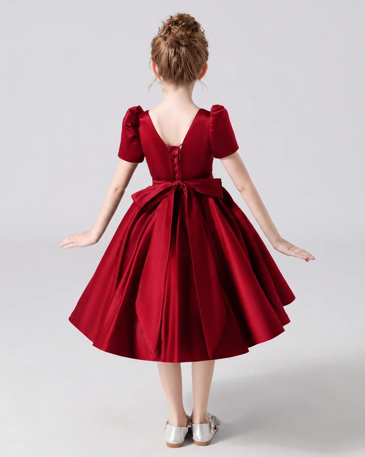 Burgundy Satin A-line Flower Girl Dress Back View