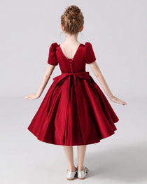 Dideyttawl Satin Flower Girl Dress with Short Puff Sleeves and Bow