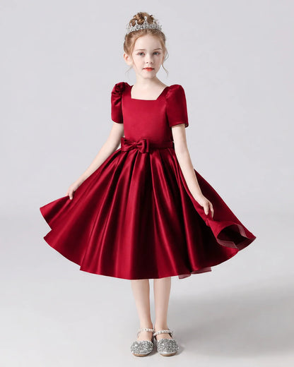 Burgundy Satin A-line Flower Girl Dress Front View