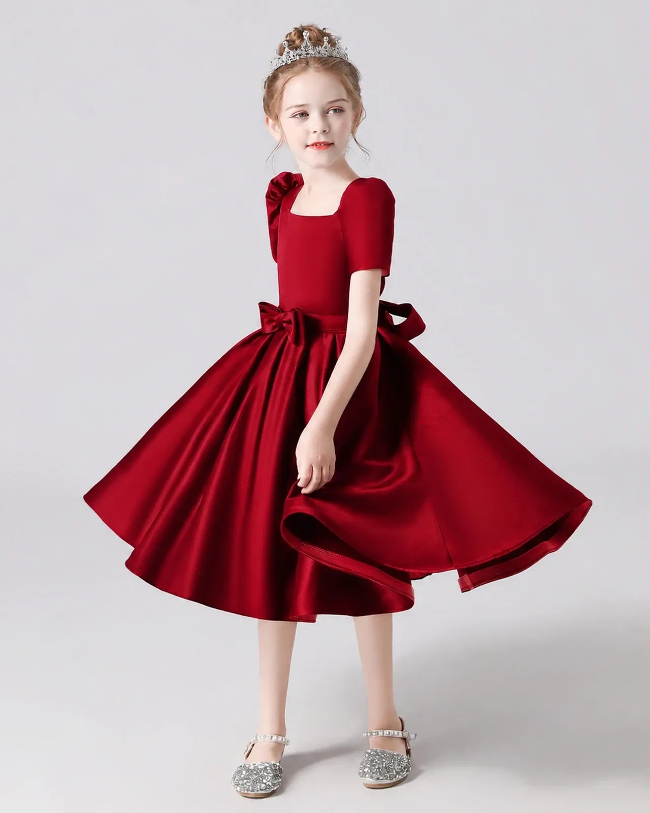 Burgundy Satin A-line Flower Girl Dress Front View