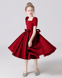Dideyttawl Satin Flower Girl Dress with Short Puff Sleeves and Bow