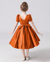 Dideyttawl Satin Flower Girl Dress with Short Puff Sleeves and Bow