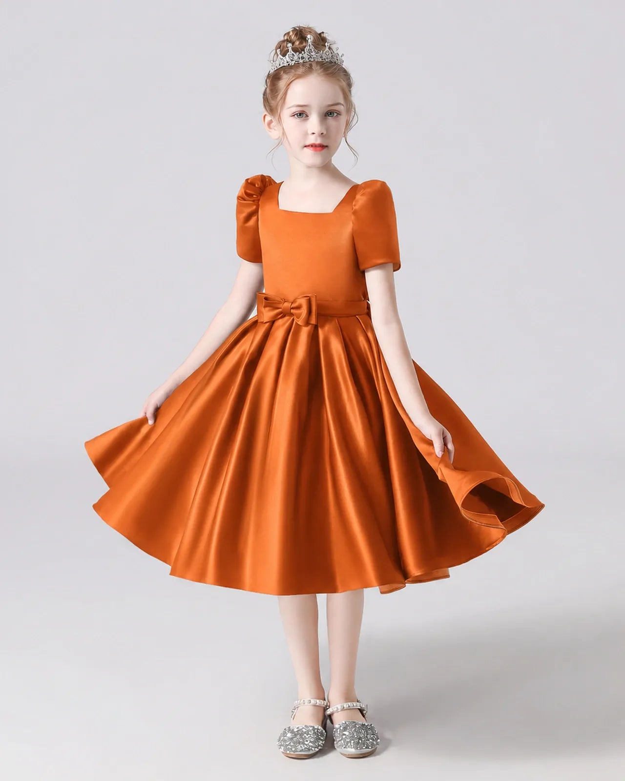 Burnt Orange Satin A-line Flower Girl Dress Front View