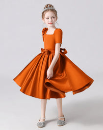 Dideyttawl Satin Flower Girl Dress with Short Puff Sleeves and Bow