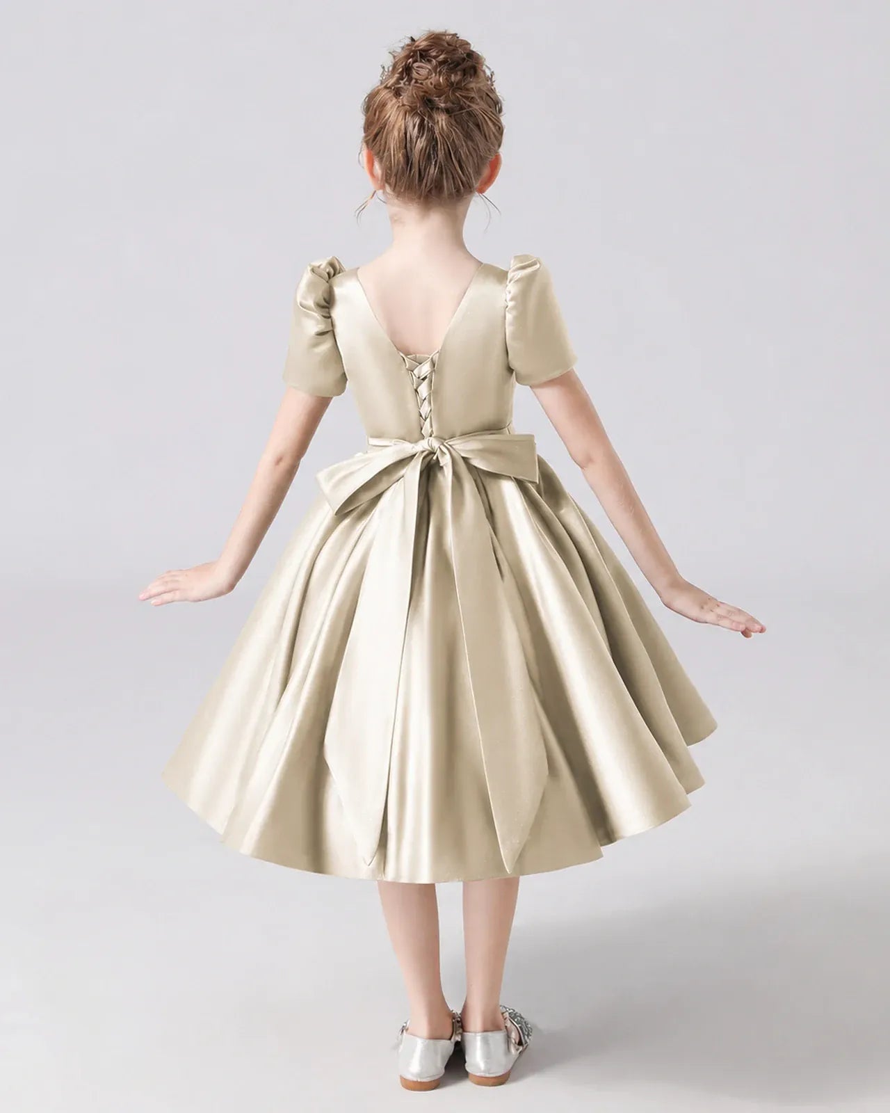 Champagne Satin A-line Flower Girl Dress Back View