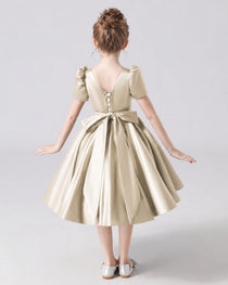 Dideyttawl Satin Flower Girl Dress with Short Puff Sleeves and Bow