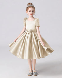 Dideyttawl Satin Flower Girl Dress with Short Puff Sleeves and Bow