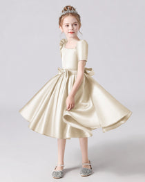 Dideyttawl Satin Flower Girl Dress with Short Puff Sleeves and Bow
