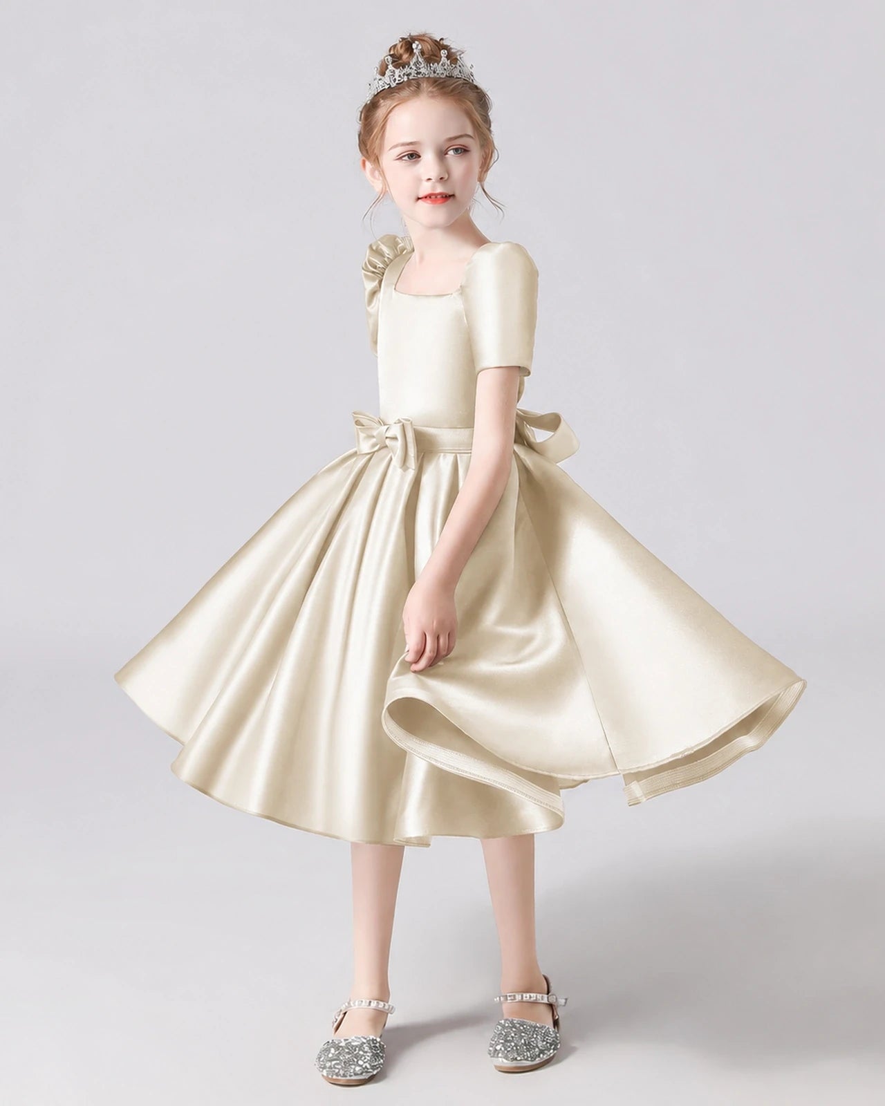 Dideyttawl Satin Flower Girl Dress with Short Puff Sleeves and Bow