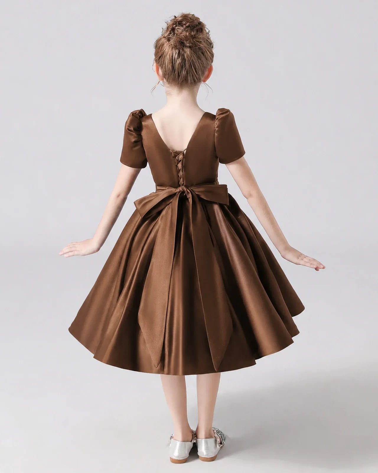 Chocolate Satin A-line Flower Girl Dress Back View