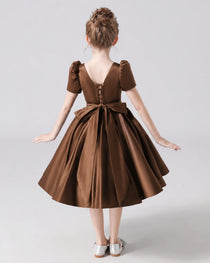 Dideyttawl Satin Flower Girl Dress with Short Puff Sleeves and Bow