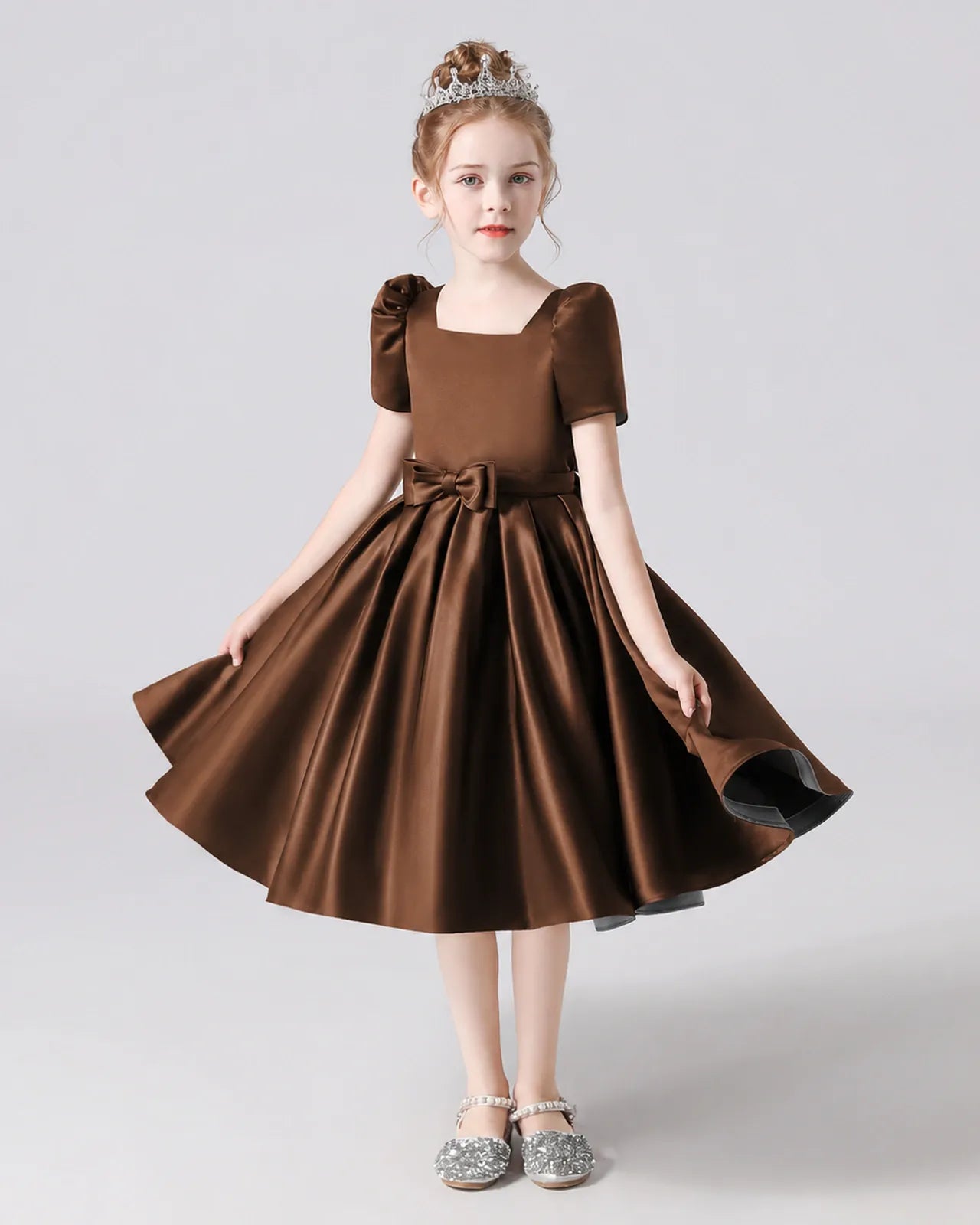 Chocolate Satin A-line Flower Girl Dress Front View