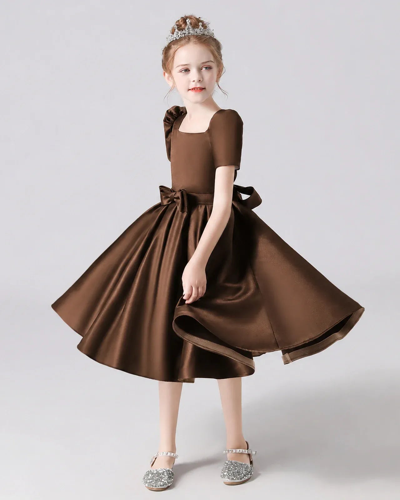 Chocolate Satin A-line Flower Girl Dress Front View