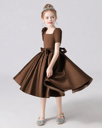 Dideyttawl Satin Flower Girl Dress with Short Puff Sleeves and Bow