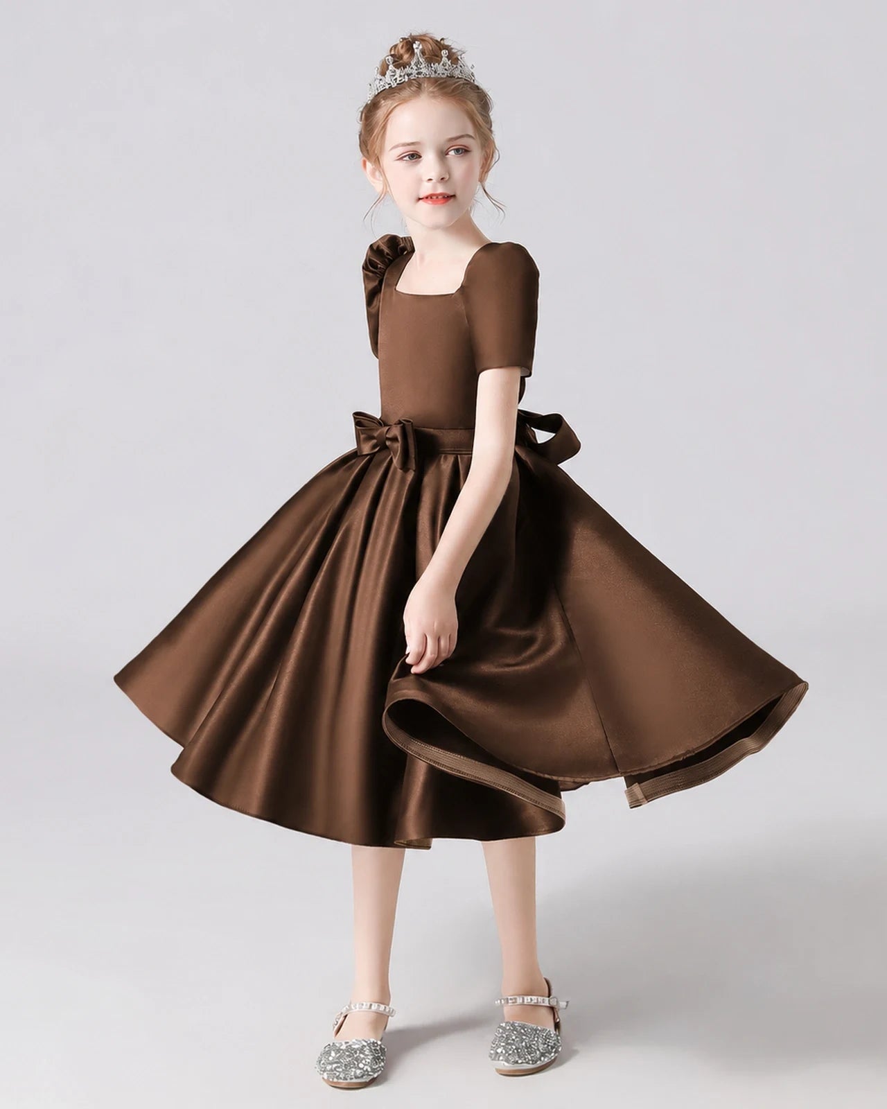 Dideyttawl Satin Flower Girl Dress with Short Puff Sleeves and Bow