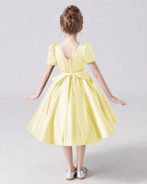 Dideyttawl Satin Flower Girl Dress with Short Puff Sleeves and Bow