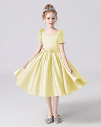 Dideyttawl Satin Flower Girl Dress with Short Puff Sleeves and Bow