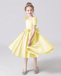 Dideyttawl Satin Flower Girl Dress with Short Puff Sleeves and Bow