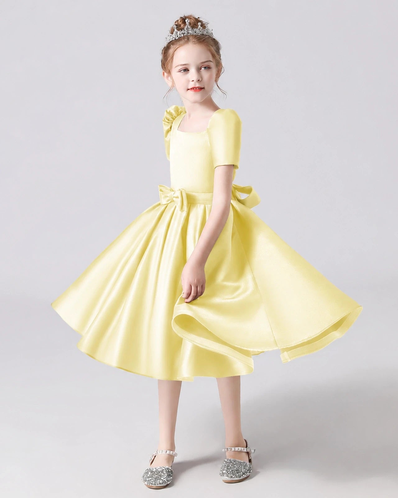 Dideyttawl Satin Flower Girl Dress with Short Puff Sleeves and Bow