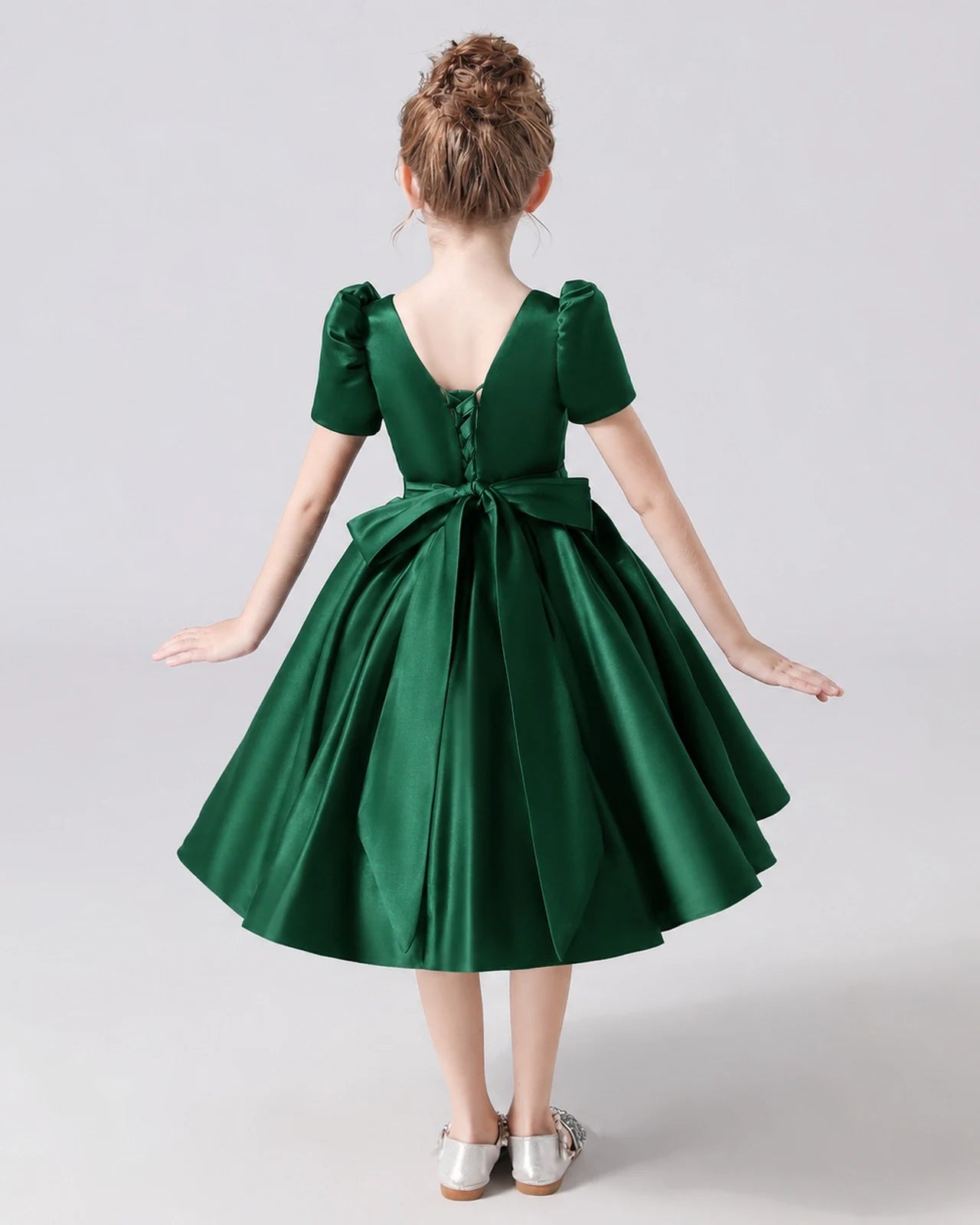 Dideyttawl Satin Flower Girl Dress with Short Puff Sleeves and Bow