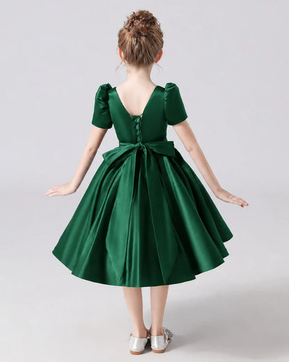 Dark Green Satin A-line Flower Girl Dress Back View