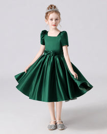 Dideyttawl Satin Flower Girl Dress with Short Puff Sleeves and Bow