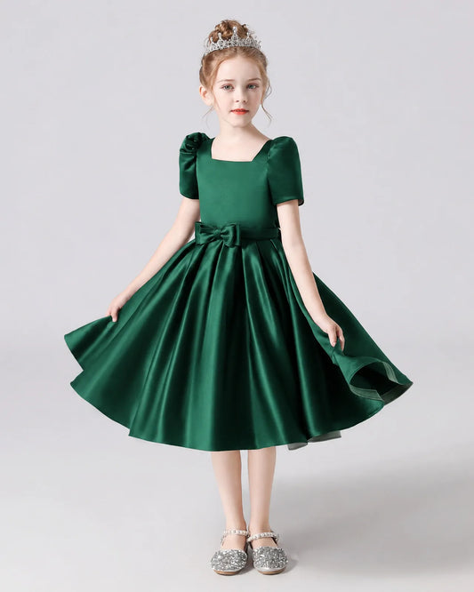 Dark Green Satin A-line Flower Girl Dress Front View
