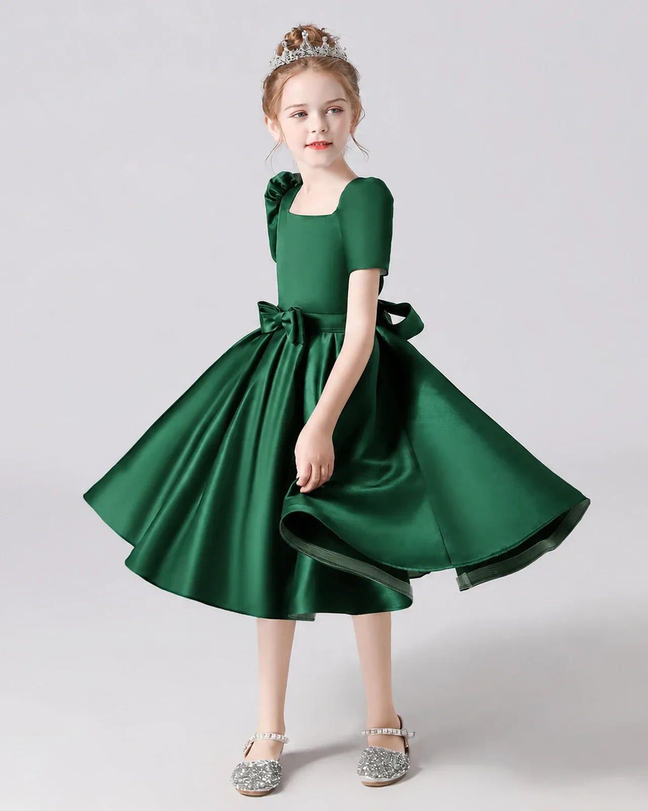 Dark Green Satin A-line Flower Girl Dress Front View